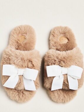 Maeve Faux-Fur Open Toe Bow Slippers, Sz S 6-7, Color Taupe